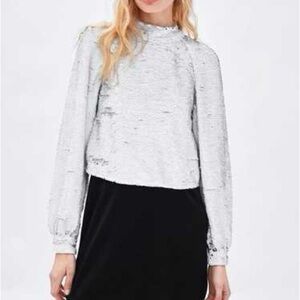 Zara Silver White Sequin Blouse Top Sz M